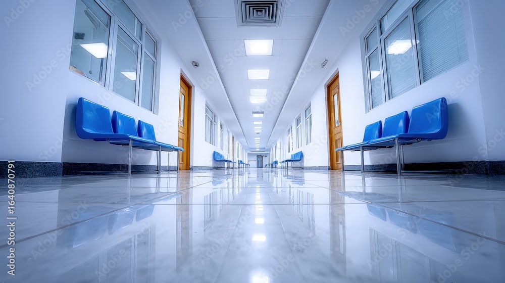 Obraz premium Hospital Hallway with Blue Seats: Interior Architecture and Empty Waiting Area for Patients