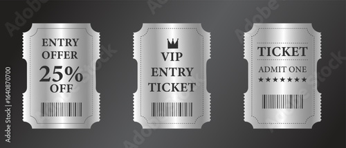 Silver entry ticket set with offer, VIP, and admit designs