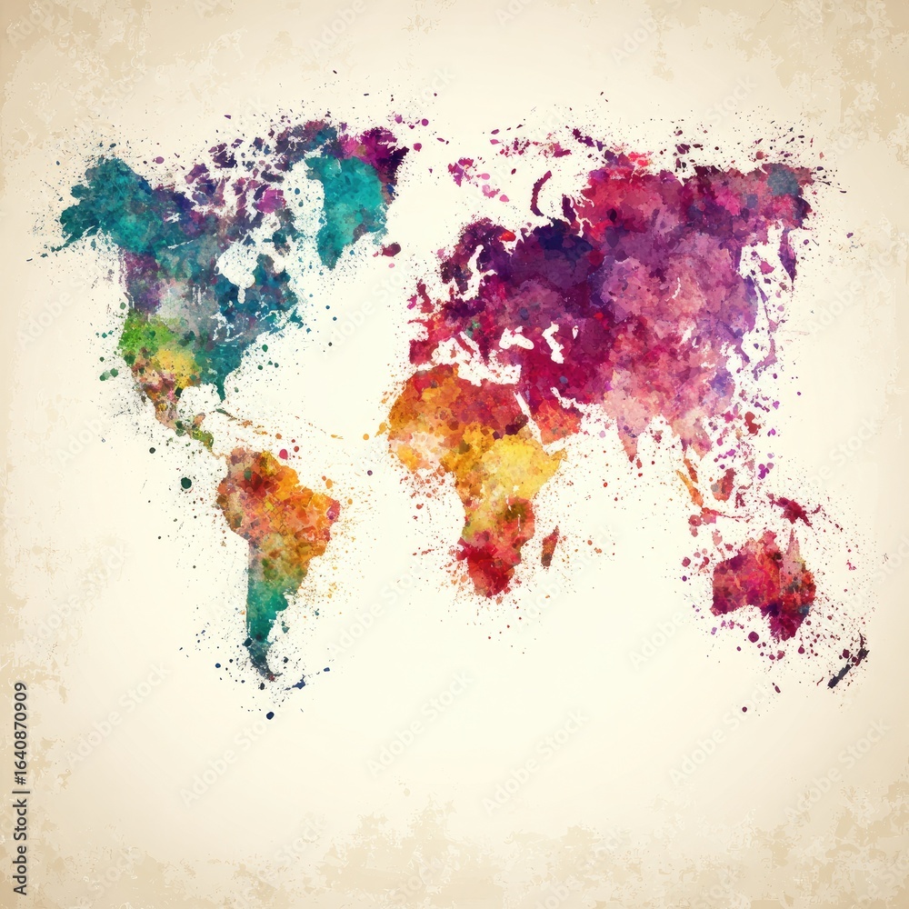 Fototapeta premium Abstract world map, watercolor splatter effect