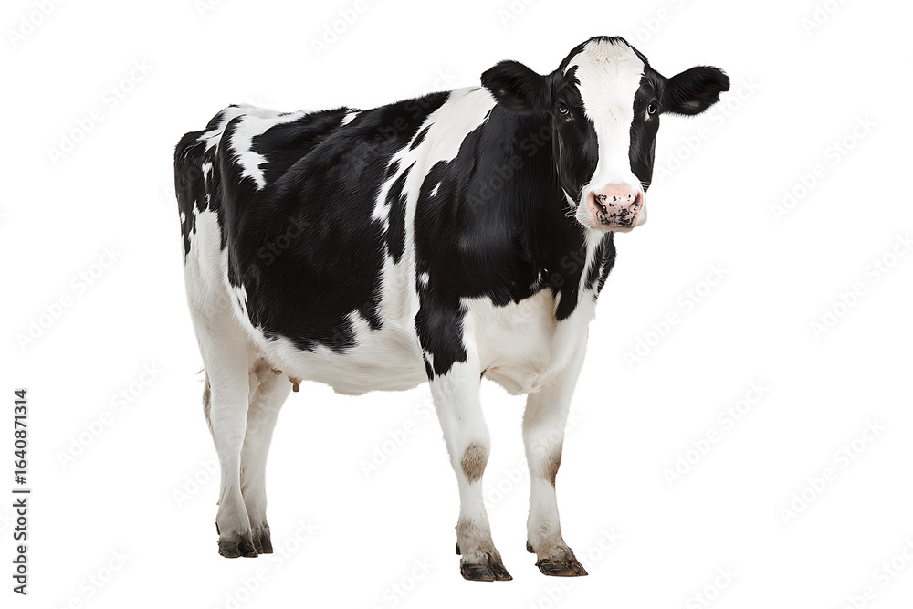 Black and White Dairy Cow Standing on White Background with Attention-Grabbing Expression and Playful Posture Black and White Dairy Cow Standing on White Background with Attention-Grabbing Expression and Playful Posture