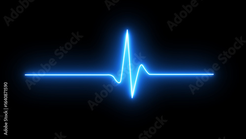 Blue glowing neon heart pulse. Heart beat. Electrocardiogram. One pulse line. ECG heartbeat monitor, Pulse heart rhythm, heartbeat cardiogram, medical line icon on black background.	
