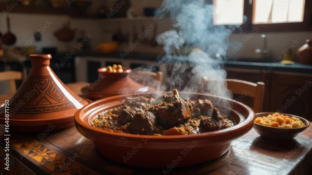 Fototapeta premium Steaming tagine on wooden table