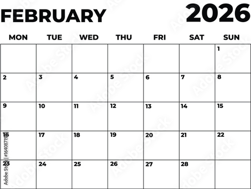 Monthly Planner February 2026, Minimalist Black and White Calendar, Monday Start Printable Calendar, Plain calendar, Dated Monthly Planner, Simple Monthly Organizer, Landscape Monthly Planner