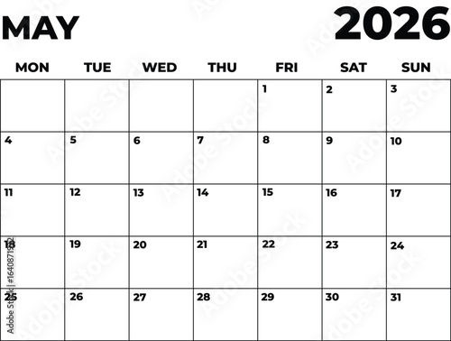 Monthly Planner May 2026, Minimalist Black and White Calendar, Monday Start Printable Calendar, Plain calendar, Dated Monthly Planner, Simple Monthly Organizer, Landscape Monthly Planner