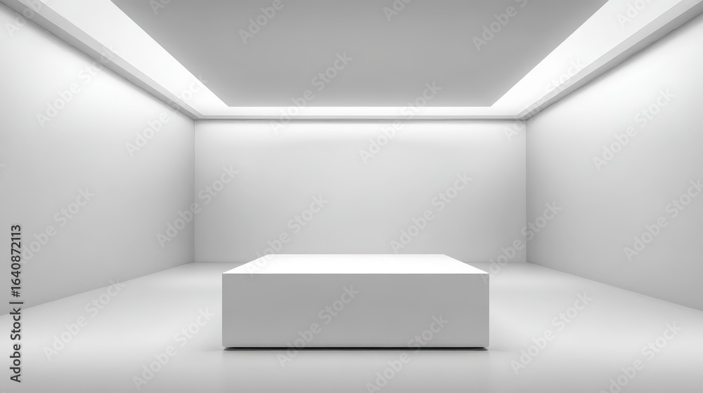 Fototapeta premium Minimalist White Cube Display Platform in a Bright Empty Gallery Room for Product Showcase