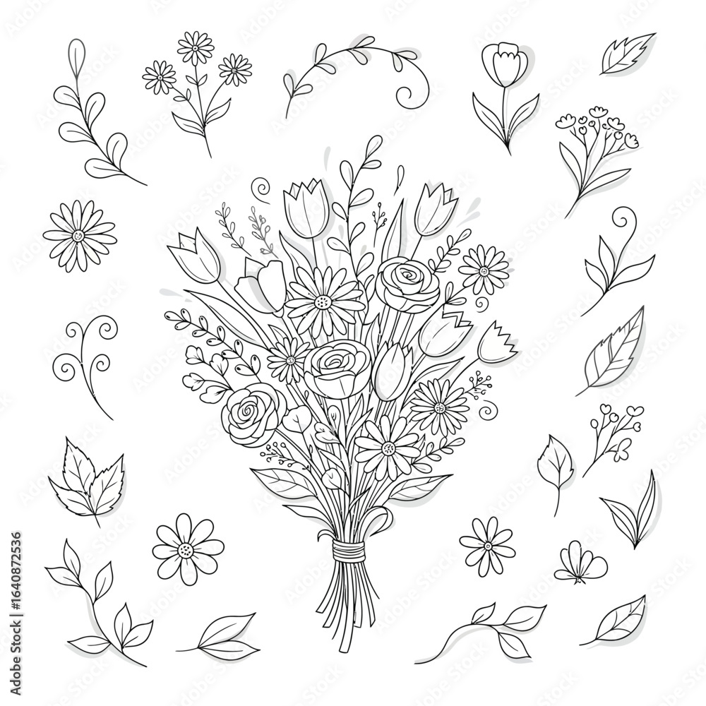 Fototapeta premium HandDrawn Floral Bouquet and Decorative Elements.