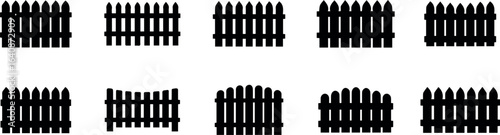 Collection of black picket fences isolated on white background, showcasing various styles and designs for garden or property boundaries