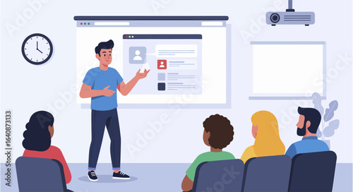 Presentation with a Speaker and Audience in a Modern Conference Room.