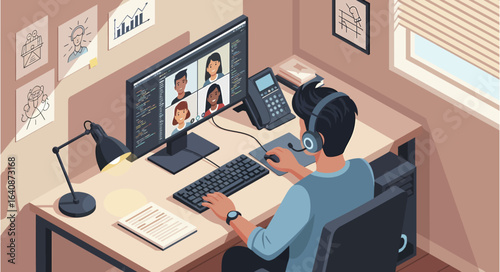 Remote Teamwork in a Modern Workspace Setting.