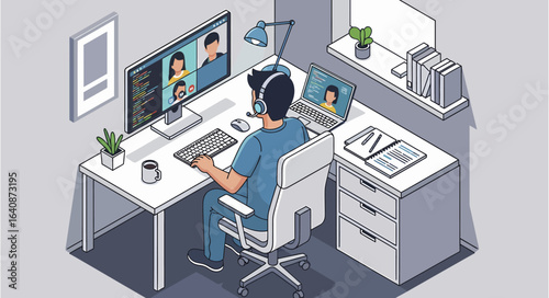 Remote Worker Engaged in Video Conference Call with Colleagues at Desk.