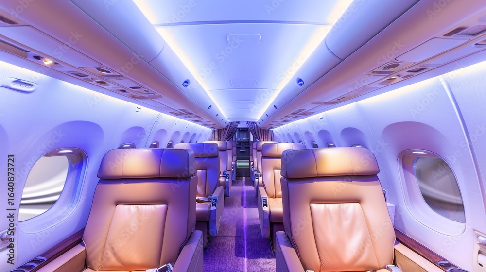 Fototapeta premium Modern Aircraft Cabins: Spacious Interiors with Ergonomic Seats, Ambient Lighting, and In-Flight Entertainment Systems, Featuring Economy, Business, and First-Class Layouts, Ideal for Aviation Photogr