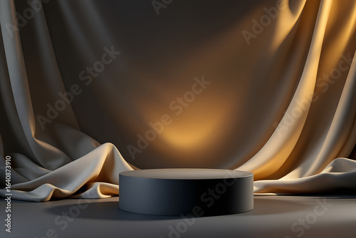 Dark gray cylindrical podium on dark gray surface with draped cream and gold fabric background