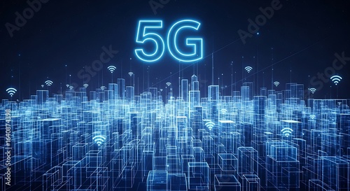 Futuristic 5g network technology illuminating a modern city skyline with wireless signals, representing advanced communication and highspeed data connectivity