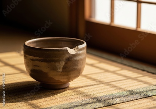 A Rustic Ceramic Bowl Placed on a Traditional Japanese Tatami Mat Floor