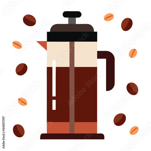 French press coffee maker with scattered coffee beans