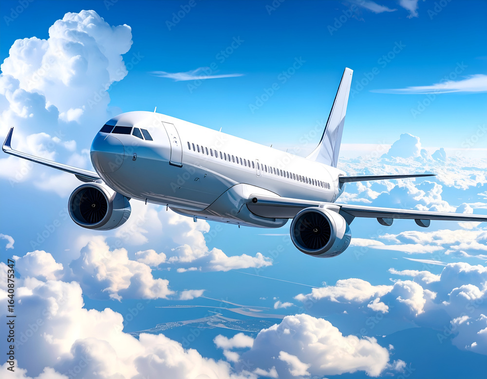 Obraz premium Realistic white commercial airplane flying on sky background.