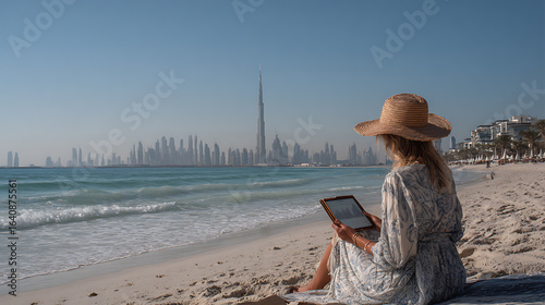 Canvas Print Woman reading on beach in dubai with burj khalifa skyline for travel and vacatio