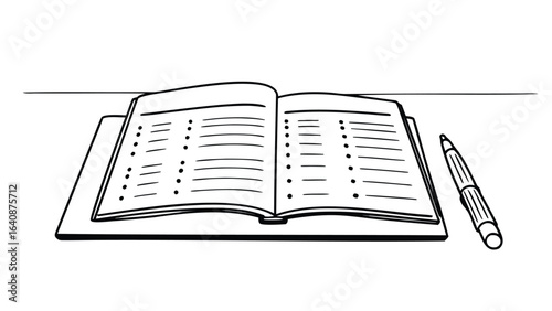 An open book with lines and dots on each page next to a pen on a surface in black and white style