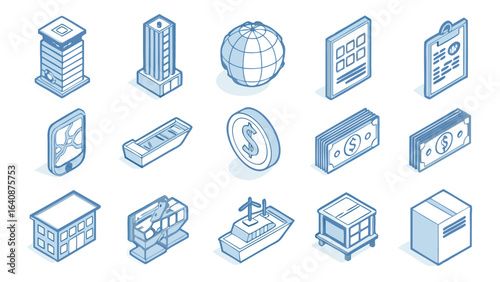 Isometric icons depicting business and trade elements including buildings money and transportation means