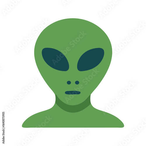 Green alien head with large dark eyes, perfect for scifi, fantasy, or spacethemed designs. Mysterious and unique character for creative projects.