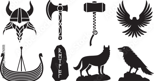 Norse Viking Culture Symbols Set Axe Hammer Raven Wolf Ship Helmet Shield Stone Runes