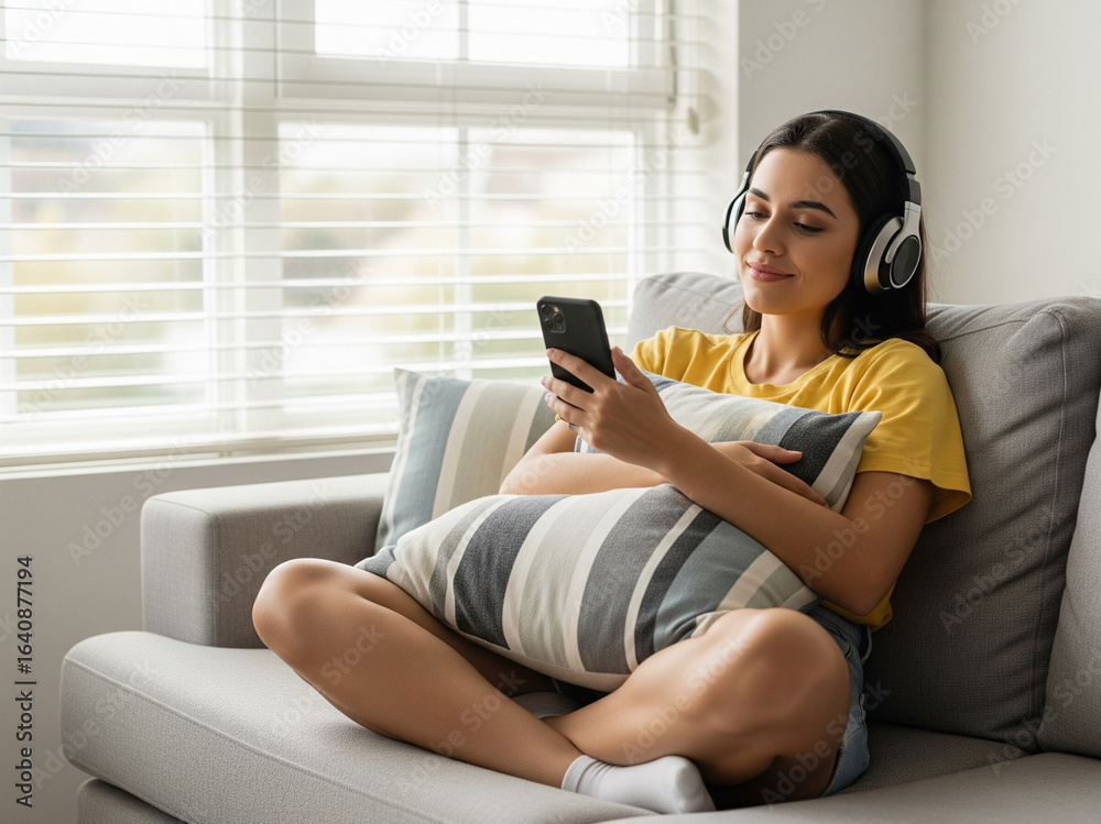 Leisure time spent relaxed, the woman enjoys digital entertainment with her phone and quality headphones. Leisure time spent relaxed, the woman enjoys digital entertainment with her phone and quality headphones.