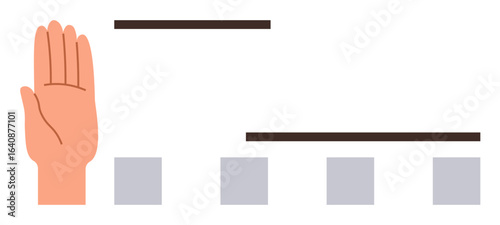 Raised hand with horizontal lines above and below, four squares aligned. Ideal for control, stop, limit, prohibition, structure, rules organization. Simple flat metaphor