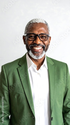Smiling older man in green jacket, white shirt