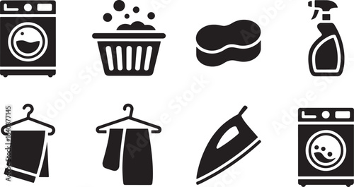 Laundry and Cleaning Icons Set Featuring Washing Machine, Iron, and Cleaning Supplies in Black