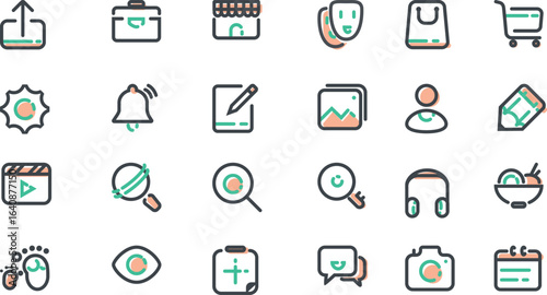Modern Minimalist Tritone Icon Set:  E-commerce, Lifestyle, and Technology Symbols.