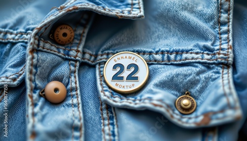 enamel pin mockup on denim jacket, flat lay