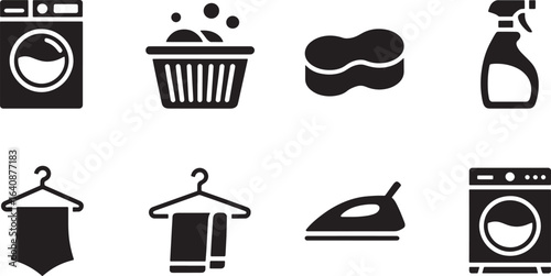 Laundry and Cleaning Icons Set Featuring Washing Machine, Iron, and Cleaning Supplies in Black