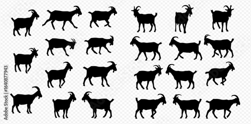 A collection of black goat silhouettes, showcasing various poses like standing, walking, and grazing on a transparent background.