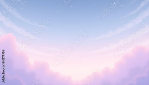 Soft pastel sky background with fluffy clouds, light pink, lavender, and baby blue tones, magical and dreamy atmosphere, suitable for kids or fantasy themes  .