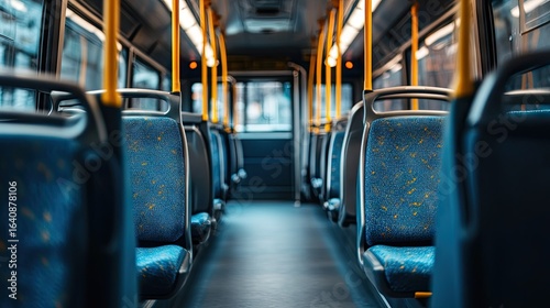Clean bus interior with freshly upholstered empty seats, aisle view stretching toward the front, ready for passengers