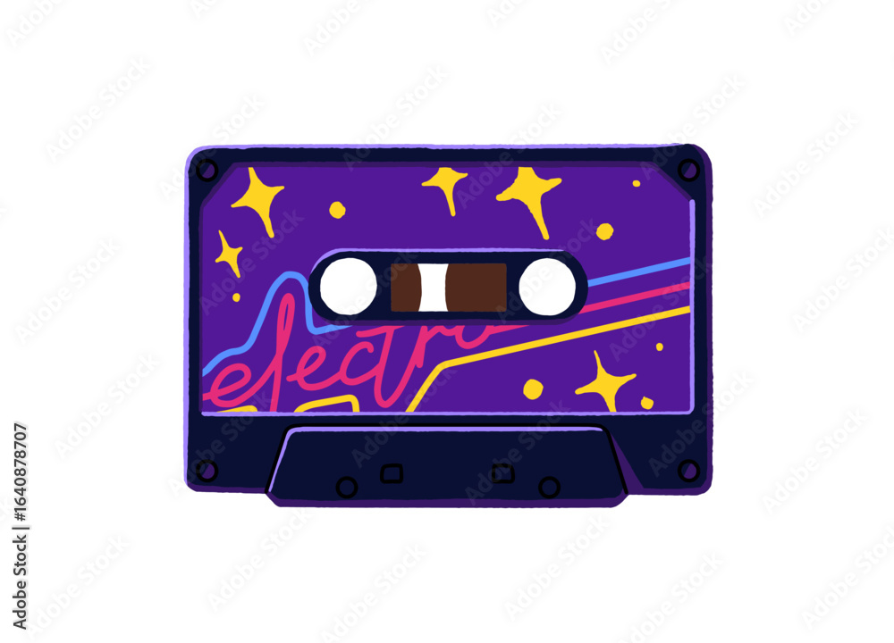 Fototapeta premium Audio cassette with vintage design of sticker. Template of electro music mix tape. Retro mixtape, plastic audiocassette with techno records. Flat isolated vector illustration on white background