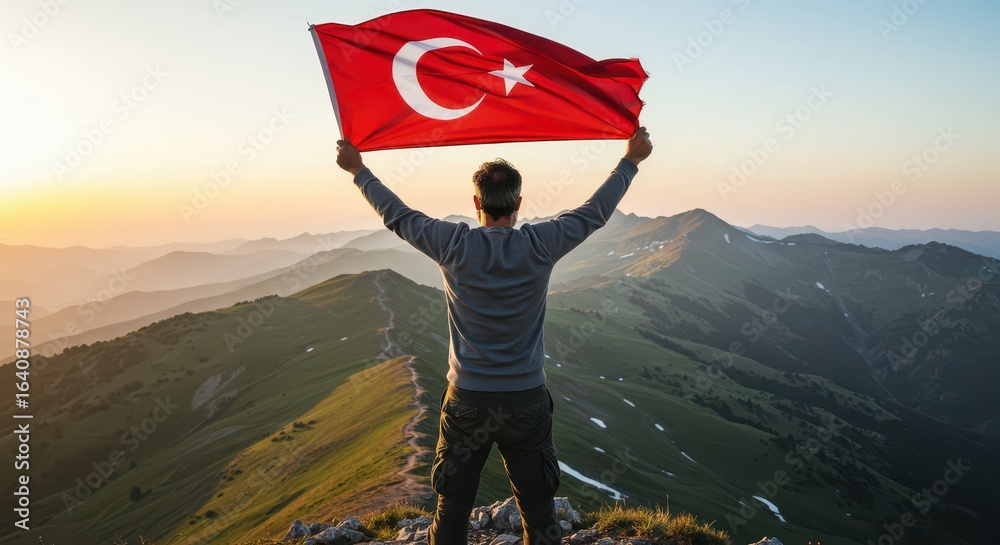 Obraz premium Majestic Turkish Ascent: A figure triumphantly raises the Turkish flag high atop a mountain peak, symbolizing national pride against a backdrop of the vibrant sunrise. 