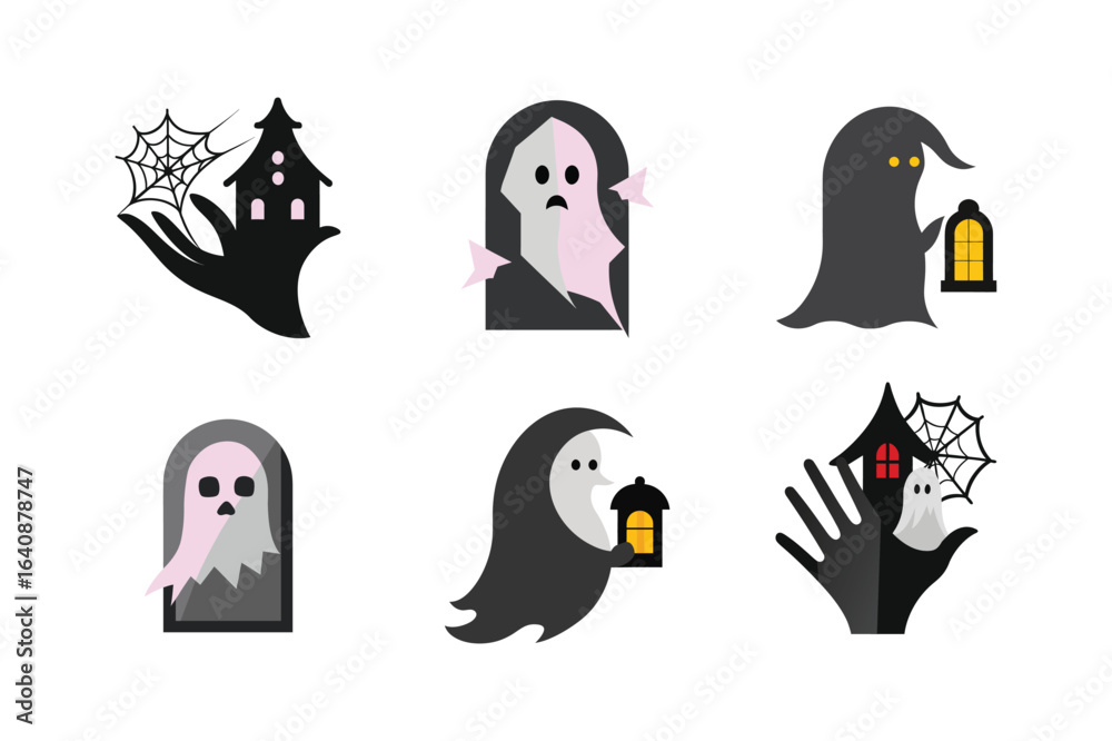 Obraz premium ghost haunting color vector illustration set on white background