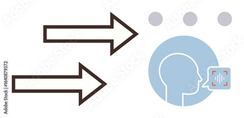 Two arrows pointing towards a profile head with speech indication symbols. Ideal for communication, information exchange, conversation, technology, speech processing, data transfer, simple flat