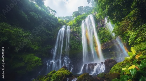 Lush green jungle waterfall cascading down mossy rocks with a rainbow.