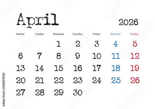 2026年4月のタイプライター文字カレンダー 月曜始まり 日本の祝日表記無し