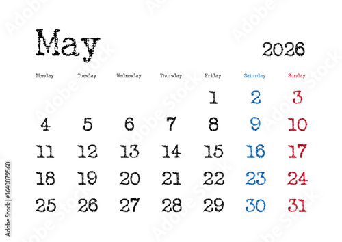 2026年5月のタイプライター文字カレンダー 月曜始まり 日本の祝日表記無し