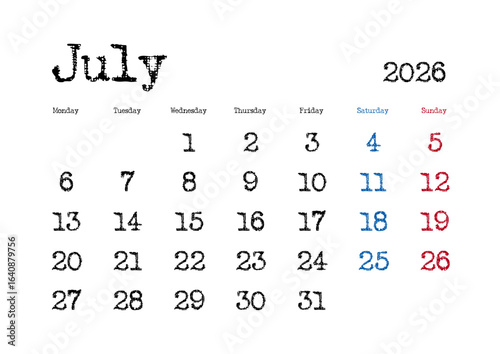 2026年7月のタイプライター文字カレンダー 月曜始まり 日本の祝日表記無し