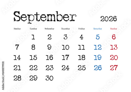 2026年9月のタイプライター文字カレンダー 月曜始まり 日本の祝日表記無し
