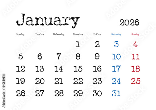 2026年1月のタイプライター文字カレンダー 月曜始まり 日本の祝日表記無し