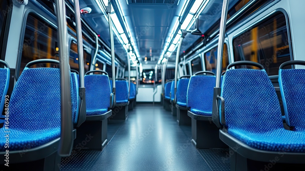 Naklejka premium Neat and tidy interior of a new public transport bus with empty blue seats and a clean floor