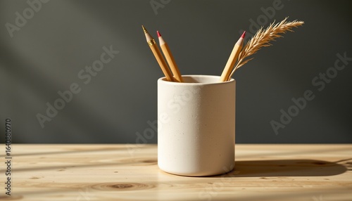 minimalist pencil holder mockup with dried grass