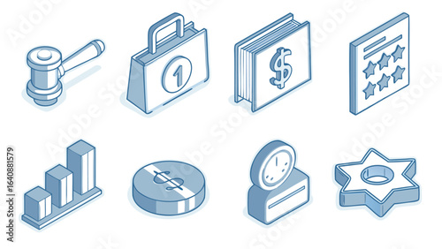 Isometric illustration featuring a gavel briefcase dollar sign chart and other business icons set in blue