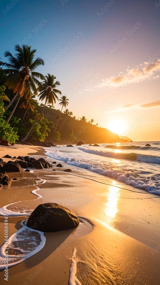 Tranquil sunrise over a tropical beach; golden light reflects on wet sand, palm trees silhouette the shore Tranquil sunrise over a tropical beach; golden light reflects on wet sand, palm trees silhouette the shore