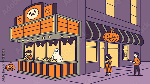 A spooky halloween night scene unfolds as people gather at a concession stand with a ghost vendor and a jack o lantern adorned building